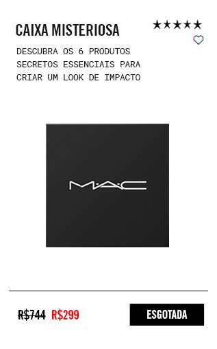 Caixa misterios.Segunda edição. Descubra os seis produtos secretos essenciais para criar um look de impacto. 299 reais. Vale 744. Compre agora.